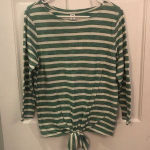 Womens Green & White striped LS tie front top NWT M